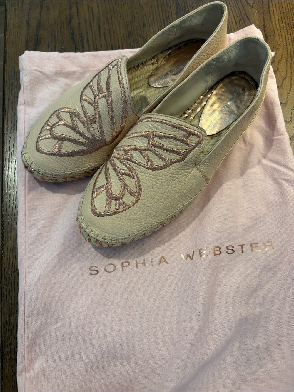 Sophia Webster Cream Espadrille Flats with Metallic Pink Butterfly